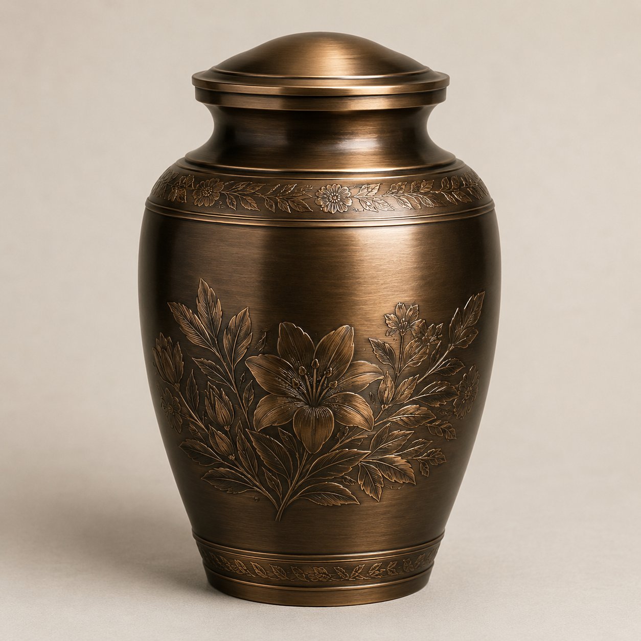 Urna cineraria in bronzo con incisioni floreali