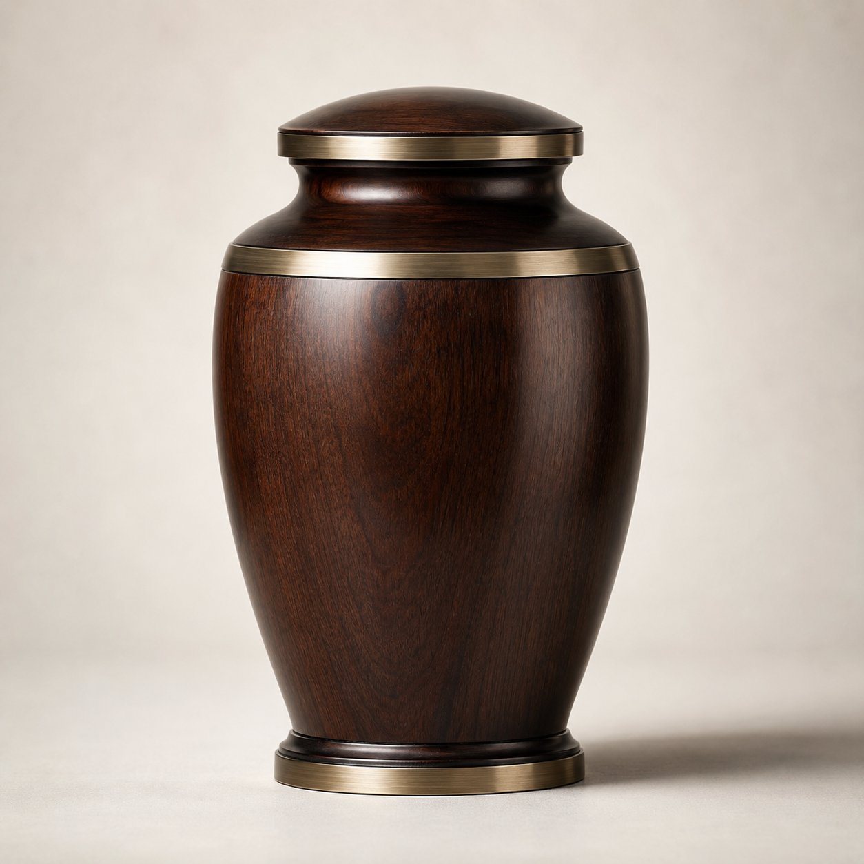 Urna cineraria in legno scuro con dettagli in ottone